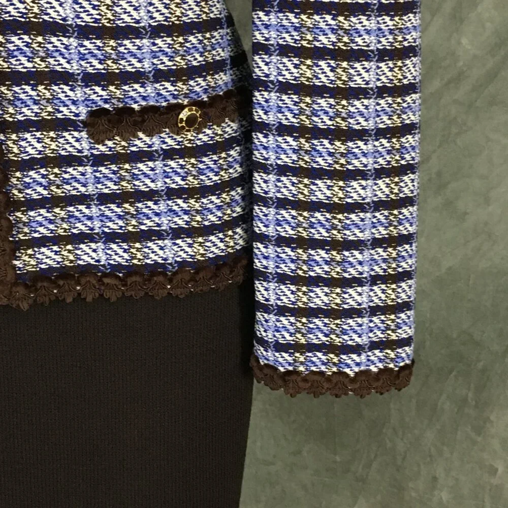BEAUTIFUL St John collection knit blue brown multi jacket skirt suit size 8 - Picture 6 of 10